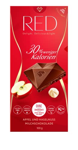 RED Milchschokolade Apfel & Haselnuss - gesüßt mit Erythrit und Maltit - kalorienreduziert (100g) von Red delight