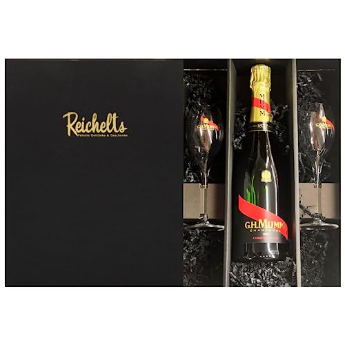 Feinste Getränke & Geschenke I G.H. Mumm Champagner Brut Grand Cordon Rouge 0,75 l 12% + 2 exklusive Champagnergläser in Präsentbox von Reichelts