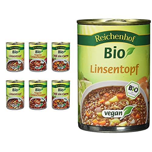 Reichenhof BIO-Eintöpfe 6er Box EASY VEGAN: Linsentopf, Chili sin Carne, Vegane Gulaschsuppe, 6er Pack (6 x 400g) & Bio Linsen-Eintopf - vegan, 6er Pack (6 x 400 g) von Reichenhof