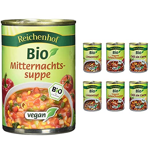 Reichenhof Bio Mitternachtssuppe vegan, 6er Pack (6 x 400 g) & BIO-Eintöpfe 6er Box EASY VEGAN: Linsentopf, Chili sin Carne, Vegane Gulaschsuppe, 6er Pack (6 x 400g) von Reichenhof