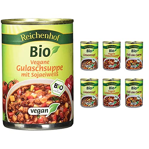 Reichenhof Bio Vegane Gulaschsuppe, 6er Pack (6 x 400 g) & BIO-Eintöpfe 6er Box EASY VEGAN: Linsentopf, Chili sin Carne, Vegane Gulaschsuppe, 6er Pack (6 x 400g) von Reichenhof