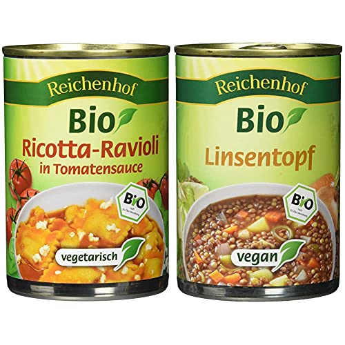 Reichenhof Ricotta-Ravioli in Tomatensauce, Fertiggericht vegetarisch, 6er Pack (6 x 400 g) & Bio Linsen-Eintopf - vegan, 6er Pack (6 x 400 g) von Reichenhof