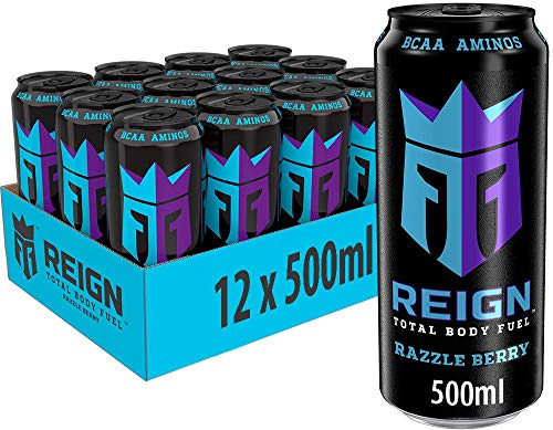 Reign Razzle Berry - koffeinhaltiger Energy Drink mit fruchtigem Geschmack aus Blaubeere und Himbeere - ohne Zucker, ohne Kalorien und ohne Farbstoffe - in praktischen Einweg Dosen (12 x 500 ml) von Reign