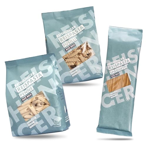 REISHUNGER Glutenfreie Nudeln aus Vollkornreis 3 x 400g - Nährstoffreich - Original italienische Reispasta als Penne, Fusilli & Spaghetti - Reisnudeln bei Zöliakie geeignet von Reishunger