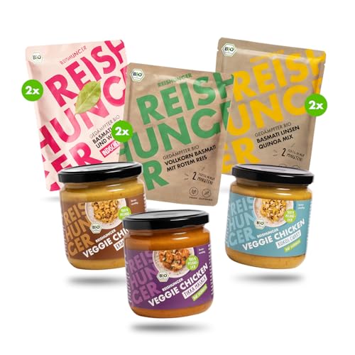REISHUNGER BIO Lunch Set - Veggie Chicken & Gedämpfter Reis für 6 Portionen - 3 Sorten Veggie Chicken und 6 Tüten gedämpften Reis - Fertig in 2 Minuten von Reishunger