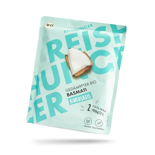 REISHUNGER BIO Mikrowellen Basmati Kokos (12 x 250g) - Auch in 6 x 250g verfügbar - Express Reis fertig in 2 Minuten - von Natur aus vegan, Glutenfrei & 100% Sortenrein von Reishunger