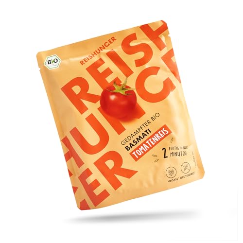 REISHUNGER BIO Mikrowellen Reis Basmati Tomaten (12 x 250g) - Auch in 6 x 250g verfügbar - Express Reis fertig in 2 Minuten - von Natur aus vegan, Glutenfrei & 100% Sortenrein von Reishunger