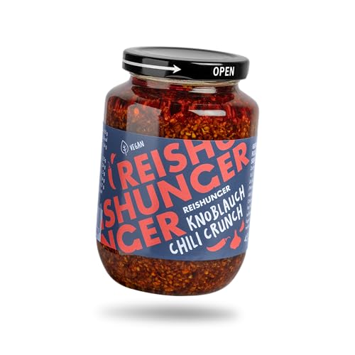 REISHUNGER Knoblauch Chili Crunch, 3 x 455 g – fertiges mild-scharfes Crispy Chili Öl aus Knoblauchflocken und würzigen Zwiebeln von Reishunger