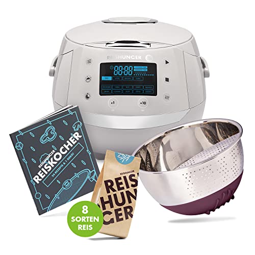 REISHUNGER Starter Set Digitaler Reiskocher & Dampfgarer Grau inkl. Kochbuch, Reiswaschschüssel und 8 Sorten Reis (8 x 200g) von Reishunger