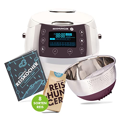 REISHUNGER Starter Set Digitaler Reiskocher & Dampfgarer Weiß plus Kochbuch, Reiswaschschüssel und 8 Sorten Reis (8 x 200g) von Reishunger