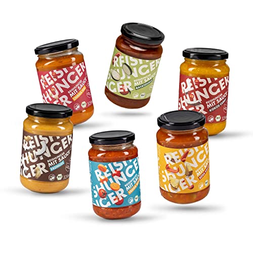 REISHUNGER BIO Fertigsauce 6er Probierset (4 x 325 ml, 2 x 320 ml) - 6 leckere Sorten: Erdnuss, Chana Dal, Süß Sauer, Kokos Curry, Ratatouille und Veggie Bolognese - Fertigsaucen ideal zu Reis von Reishunger