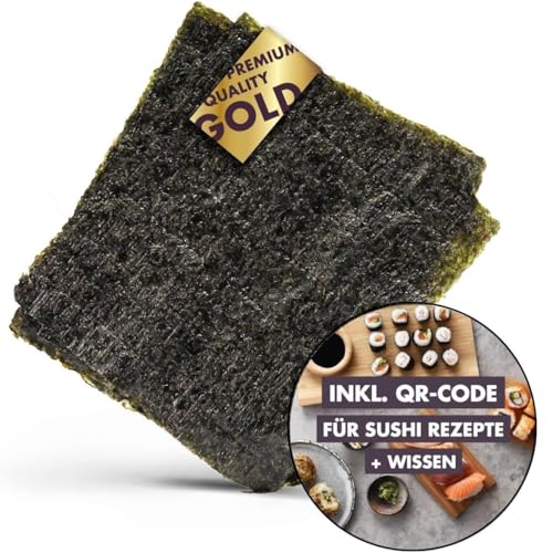 REISHUNGER Nori Algenblätter in GOLD-Qualität & QR-Code mit Sushi Anleitungen, 50 Blatt à 2,8g - Ideal für Maki Sushi - Intensiver Geschmack und besonders reißfest von Reishunger