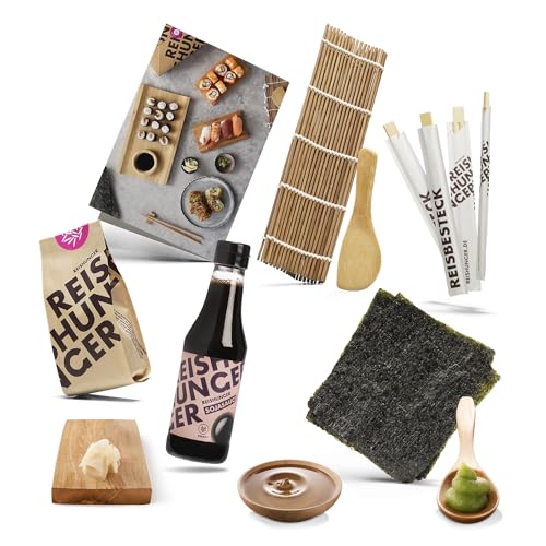 Reishunger Sushi Einsteiger Box inkl. Rezeptkarte – Komplett-Set mit original Japanischen Zutaten: Sushi Reis, Bambusmatte, Sojasauce, Nori Algen, Wasabi, Ingwer, Essstäbchen von Reishunger