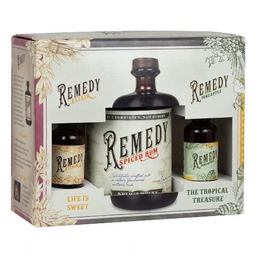 Remedy Spiced Rum 0,7l + Pineapple & Elixir Mini je 50ML Geschenkbox | Gold Meiningers International Spirits Award | Auf Basis 3 karibischer Rums | Feine Noten von Vanille, Orangenschale & Zimt von Remedy Rum