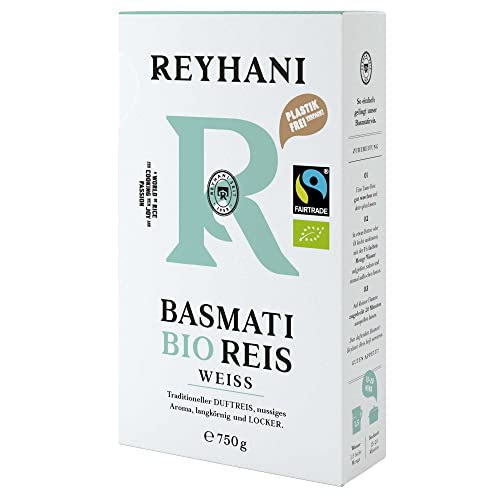 Bio Fairtrade Basmati Reis weiß 750g - Passt gut zu saftigen Gerichten - Traditioneller Duftreis - nussiges Aroma - langkörnig und locker von Reyhani von Reyhani
