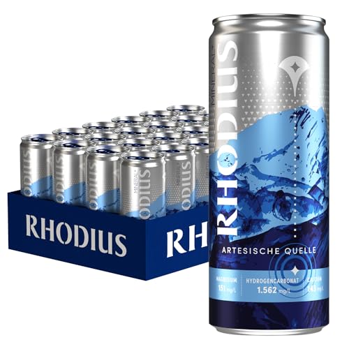 RHODIUS Mineralwasser - natürlich, prickelnd aus der Vulkaneifel - reich an wertvollen Mineralien und Magnesium - in der praktischen Getränkedose, EINWEG (24 x 330 ml) von Rhodius
