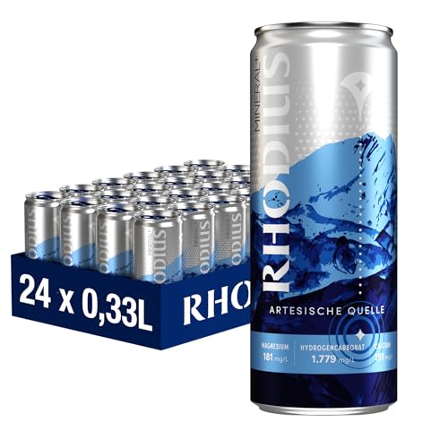 RHODIUS Mineralwasser - natürlich, prickelnd aus der Vulkaneifel - reich an wertvollen Mineralien und Magnesium - in der praktischen Getränkedose, EINWEG (24 x 330 ml) von RHODIUS