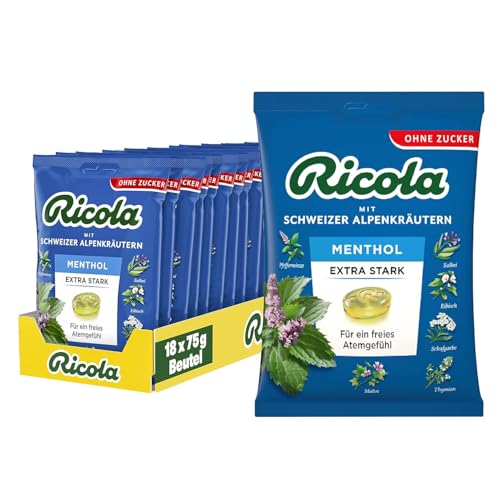 Ricola EXTRA STARK Menthol, 18 Beutel original Schweizer Kräuter-Bonbons mit 13 Schweizer Alpenkräutern & Menthol, zuckerfrei, 18 x 75g, vegan von Ricola