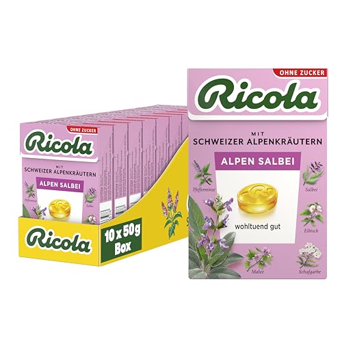 Ricola Alpen Salbei, 10 Böxli Original Schweizer Kräuter-Bonbons mit 13 Schweizer Alpenkräutern & würzigem Salbei, zuckerfrei, 10 x 50g, vegan Ricola Alpen Salbei, 10 Böxli Original Schweizer Kräuter-Bonbons mit 13 Schweizer Alpenkräutern & würzigem Salbei, zuckerfrei, 10 x 50g, vegan von Ricola