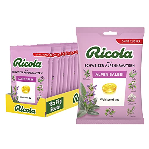 Ricola Alpen Salbei, 18 Beutel original Schweizer Kräuter-Bonbons mit 13 Schweizer Alpenkräutern & würzigem Salbei, zuckerfrei, 18 x 75g, vegan Ricola Alpen Salbei, 18 Beutel original Schweizer Kräuter-Bonbons mit 13 Schweizer Alpenkräutern & würzigem Salbei, zuckerfrei, 18 x 75g, vegan von Ricola