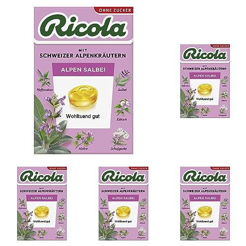 Ricola Alpen Salbei, 50g Böxli Original Schweizer Kräuter-Bonbons mit 13 Alpenkräutern, wohltuendem Salbei & Vitamin C, zuckerfrei, 1 x 50g (Packung mit 5) von Ricola