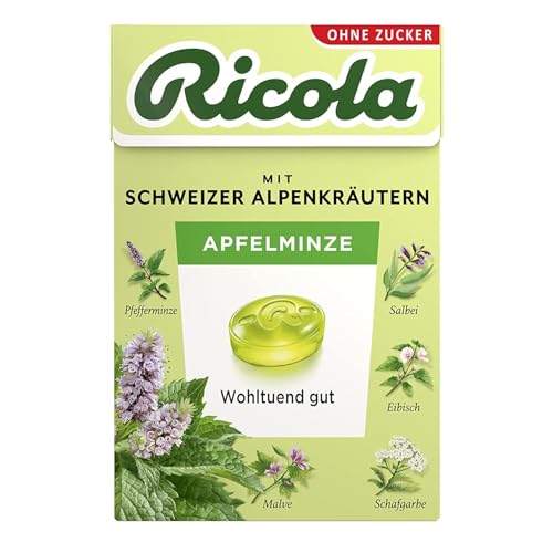 Ricola Apfelminze, 50g Böxli original Schweizer Kräuter-Bonbons mit 13 Alpenkräutern & fruchtig-erfrischendem Apfel, zuckerfrei, 1 x 50g, vegan von Ricola