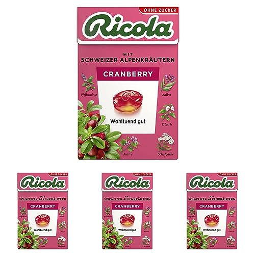 Ricola Cranberry, 50g Böxli original Schweizer Kräuter-Bonbons mit 13 Alpenkräutern & fruchtig-erfrischender Cranberry, zuckerfrei, 1 x 50g (Packung mit 4) von Ricola