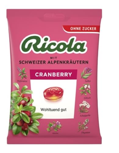 Ricola Cranberry, Original Schweizer Kräuter-Bonbons mit 13 Alpenkräutern und erfrischend-fruchtiger Cranberry, zuckerfrei, 1 x 75gx, vegan von Ricola