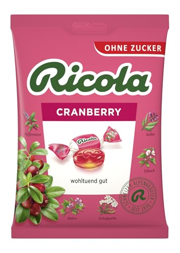 Ricola Cranberry, 75g Beutel Original Schweizer Kräuter-Bonbons mit 13 Alpenkräutern und erfrischend-fruchtiger Cranberry, zuckerfrei, 1 x 75g, vegan von Ricola