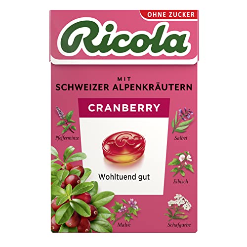 Ricola Cranberry, 50g Böxli original Schweizer Kräuter-Bonbons mit 13 Alpenkräutern & fruchtig-erfrischender Cranberry, zuckerfrei, 1 x 50g, vegan von Ricola