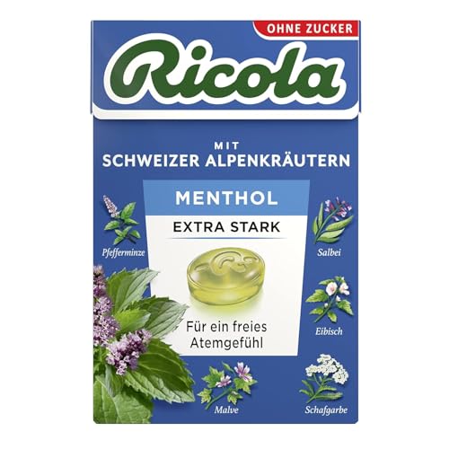 Ricola EXTRA STARK Menthol, 50g Böxli Original Schweizer Kräuter-Bonbons mit 13 Alpenkräutern & natürlichem Menthol, zuckerfrei, 1 x 50g, vegan von Ricola