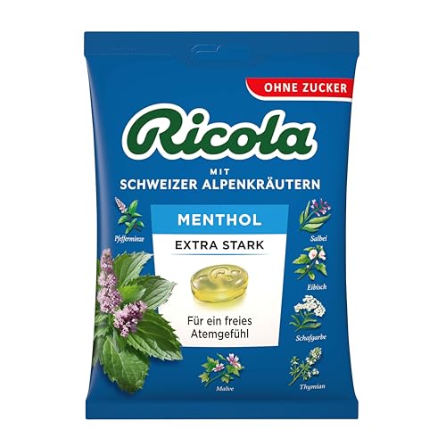 Ricola EXTRA STARK Menthol - zuckerfreies Halsbonbon mit 13 Schweizer Alpenkräutern, vegan, 75g Beutel von Ricola