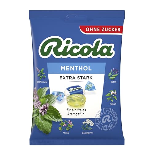 Ricola EXTRA STARK Menthol, 75g Beutel Original Schweizer Kräuter-Bonbons mit 13 Alpenkräutern & natürlichem Menthol, zuckerfrei, 1 x 75g, vegan von Ricola