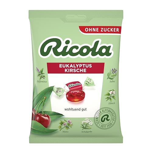 Ricola Eukalyptus Kirsche, 75g Beutel original Schweizer Kräuter-Bonbons mit 13 Alpenkräutern & fruchtig-frischer Kirsche, zuckerfrei, 1 x 75g, vegan von Ricola