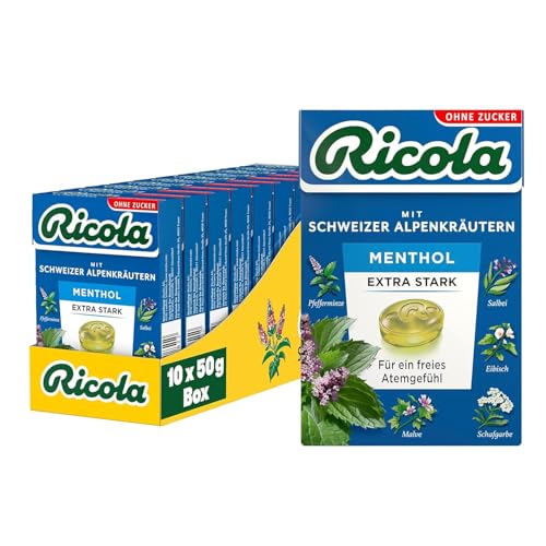 Ricola Extra EXTRA STARK, 10 Böxli Original Schweizer Kräuter-Bonbons mit 13 Schweizer Alpenkräutern & Menthol, zuckerfrei, 10 x 50g, vegan Ricola Extra EXTRA STARK, 10 Böxli Original Schweizer Kräuter-Bonbons mit 13 Schweizer Alpenkräutern & Menthol, zuckerfrei, 10 x 50g, vegan von Ricola