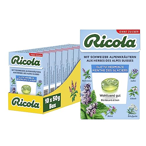 Ricola Gletscherminze, 10 Böxli Schweizer Kräuter-Bonbons mit 13 Alpenkräutern & Gletscherminze, exklusiv auf amazon, zuckerfrei, 10 x 50g,vegan von Ricola