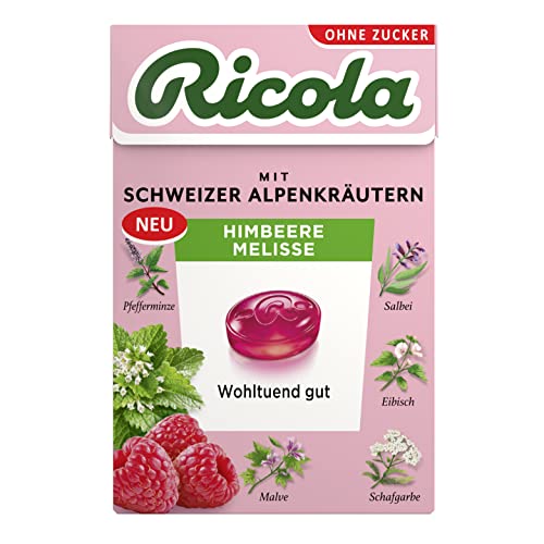 Ricola Himbeere Melisse, 50g Böxli Schweizer Kräuter-Bonbons mit 13 Alpenkräutern & fruchtig-erfrischender Himbeere, zuckerfrei, 1 x 50g, vegan von Ricola