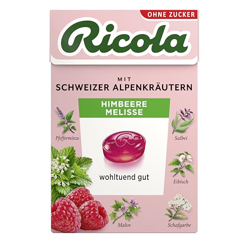 Ricola Himbeere Melisse, 50g Böxli Original Schweizer Kräuter-Bonbons mit 13 Alpenkräutern & fruchtig-erfrischender Himbeere, zuckerfrei, 1 x 50g, vegan von Ricola