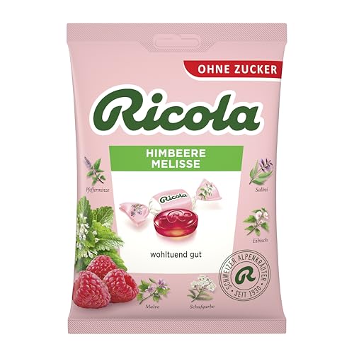 Ricola Himbeere Melisse, 75g Beutel Original Schweizer Kräuter-Bonbons mit 13 Alpenkräutern & fruchtig-frischer Himbeere, zuckerfrei, 1 x 75g, vegan von Ricola