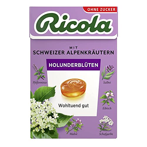 Ricola Holunderblüten, 50g Böxli original Schweizer Kräuter-Bonbons mit 13 Alpenkräutern & fruchtig-blumiger Holunderblüte, zuckerfrei, 1 x 50g von Ricola