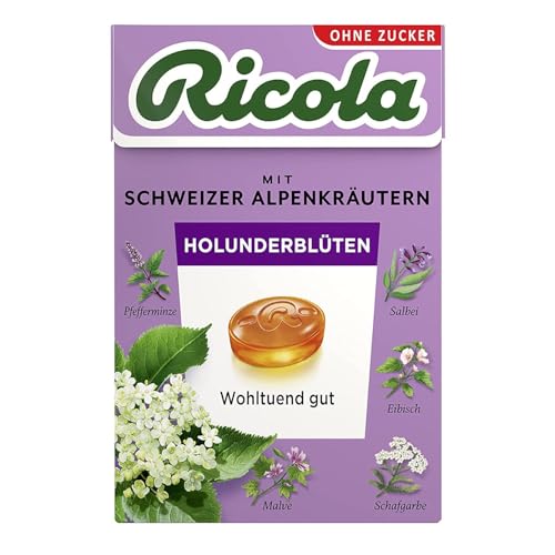 Ricola Holunderblüten, 50g Böxli Schweizer Kräuter-Bonbons mit 13 Alpenkräutern & fruchtig-blumiger Holunderblüte, zuckerfrei, 1 x 50g, vegan von Ricola