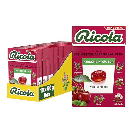 Ricola Kirsche Kräuter, 10 Böxli Original Schweizer Kräuter-Bonbons mit 13 Alpenkräutern und fruchtiger Kirsche, zuckerfrei, Vorrats-Box, 10 x 50g Ricola Kirsche Kräuter, 10 Böxli Original Schweizer Kräuter-Bonbons mit 13 Alpenkräutern und fruchtiger Kirsche, zuckerfrei, Vorrats-Box, 10 x 50g von Ricola