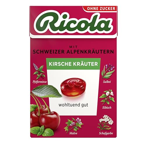 Ricola Kirsche Kräuter, 50g Böxli Original Schweizer Kräuter-Bonbons mit 13 Alpenkräutern und fruchtig-erfrischender Kirsche, zuckerfrei, 1 x 50g von Ricola