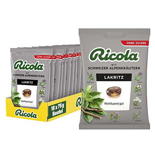 Ricola Lakritz, Schweizer Kräuterbonbon, 18 x 75g Beutel, ohne Zucker, Wohltuender Genuss von Ricola