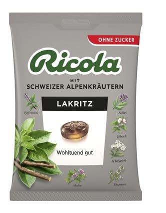 Ricola Lakritz, Original Schweizer Kräuter-Bonbons mit 13 Schweizer Alpenkräutern, zuckerfrei, für wohltuenden Genuss, 1 x 75g von Ricola
