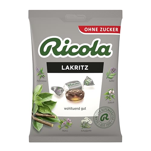 Ricola Lakritz, Original Schweizer Kräuter-Bonbons mit 13 Schweizer Alpenkräutern, zuckerfrei, für wohltuenden Genuss, 1 x 75g, vegan von Ricola