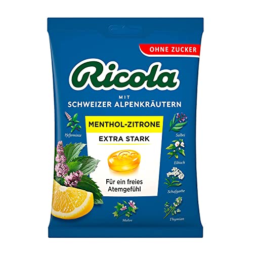 Ricola Menthol Zitrone Extra Stark, Schweizer Kräuterbonbon, 1 x 75g Beutel, ohne Zucker, Für ein freies Atemgefühl von Ricola