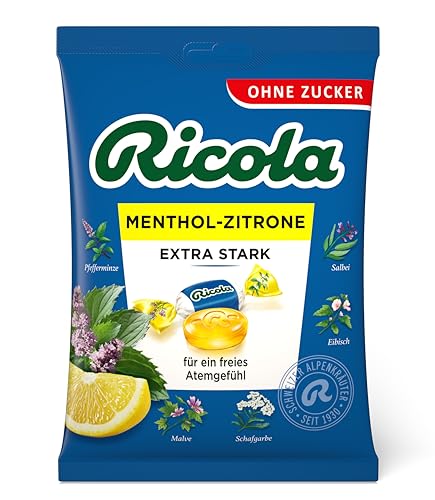 Ricola Menthol Zitrone Extra Stark, Schweizer Kräuterbonbon, 1 x 75g Beutel, ohne Zucker, Für ein freies Atemgefühl von Ricola