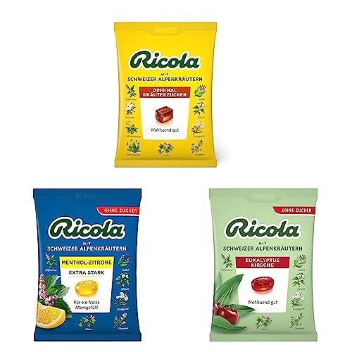 Ricola Original Kräuterzucker + Ricola Menthol Zitrone Extra Stark +Ricola Eukalyptus Kirsche von Ricola