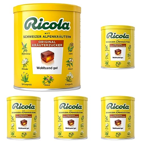 Ricola Schweizer Kräuterzucker-Bonbons, 250g Dose Original Schweizer Kräuter-Bonbons mit 13 Alpenkräutern & wohltuendem Menthol, 1 x 250g Dose (Packung mit 5) von Ricola